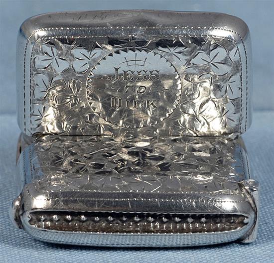 An Edwardian combination silver vesta case/sovereign case and stamp box, Length 3”/69mm to ring Width 2”/53mm, Weight 2.4oz/68 grms